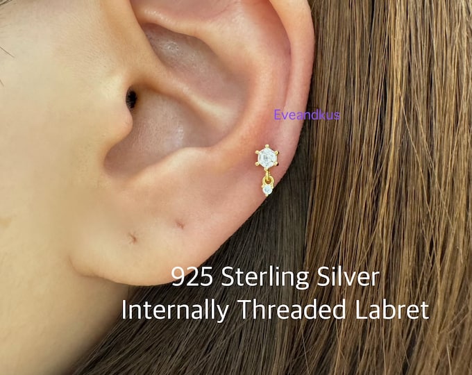18g Tiny CZ Dangle Internally Threaded Labret, 925 Sterling Silver Cartilage, Tragus, Helix piercing