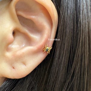 Pode incluir: Um brinco de aranha dourada com uma pedra preta no centro é mostrado em uma orelha. O brinco tem oito pernas e está posicionado na cartilagem da orelha. O texto "Eveandkus" é visível.