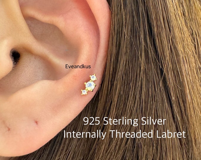 18g Moonstone Climber Internally Threaded Labret, 925 Sterling Silver Cartilage, Tragus, Helix