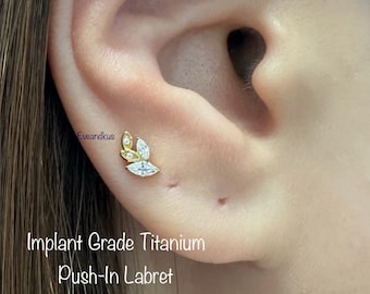 20g 18g 16g Laurel Branch Top Push-In Threadless Titanium Labret, Laurel leaf Marquise Implant Grade Titanium Cartilage, Conch, Helix
