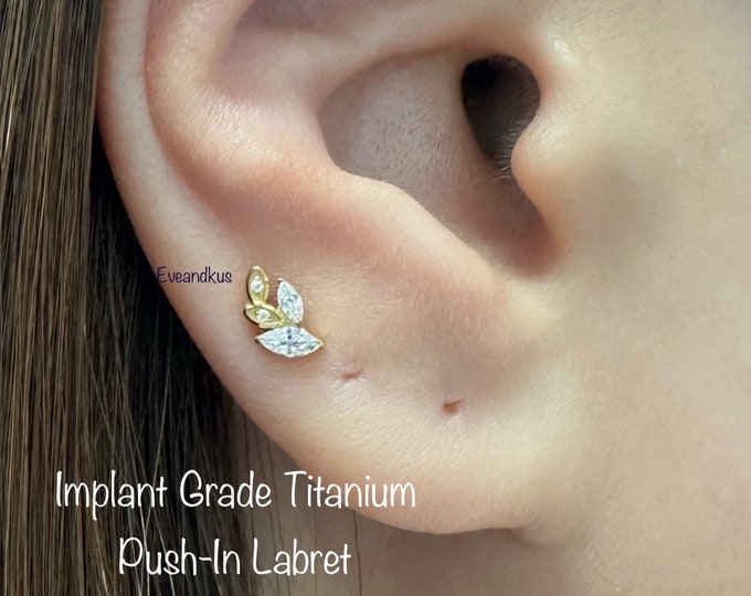 20g 18g 16g Laurel Branch Top Push-In Threadless Titanium Labret, Laurel leaf Marquise Implant Grade Titanium Cartilage, Conch, Helix