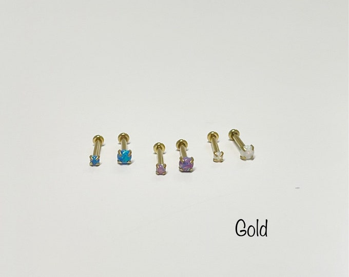 Tiny Opal Labret, 2mm/3mm Push In Prong Setting White/Blue/Purple Opal Labret, 16g 18g 20g Tragus Cartilage Helix Lip Nose Piercings