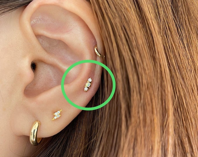 Opal with CZ Bar piercing (Single), Minimalist 925 Sterling silver piercing Cartilage, Helix, Conch