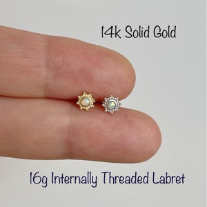 14k Gold Opal Tribal Sun Labret: 16g Internally Threaded Piercing