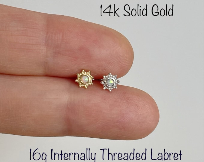 16g 14k Solid Gold Opal Centered Tribal Sun Internally Threaded Labret (Single), 14k Solid Gold Piercing Conch, Tragus, Mid Cartilage, Helix