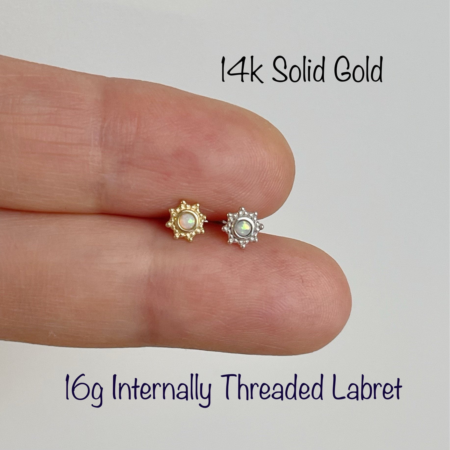 14KT Yellow Gold White Opal Beaded Internally Threaded Flat Back Labret 14KT Yellow Gold White Opal Beaded Internally Threaded Flat Back Labret