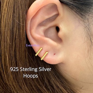 Bar Hoop Earrings, Dainty 14k Gold/Rosegold/White gold PLT 925 Sterling Silver Hoops