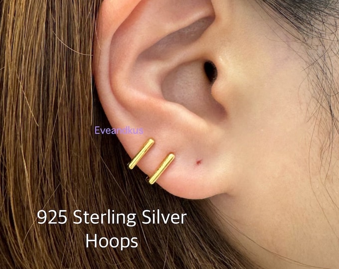 Bar Hoop Earrings, Dainty 14k Gold/Rosegold/White gold PLT 925 Sterling Silver Hoops