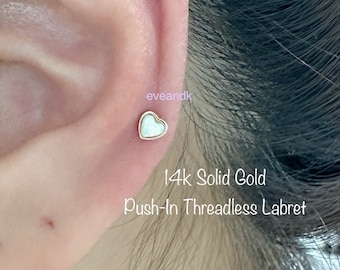 14k Solid Gold Heart Opal Push In Threadless Labret, Dainty Heart White/Sleepy Lavender/Blue Opal for Conch Nose Helix Cartilage Tragus