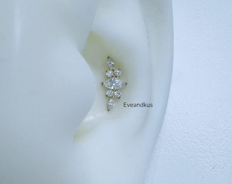Marquise CZ Push-In Threadless Titanium Labret: 18g/16g/14g Flat, Cartilage, Conch Piercing