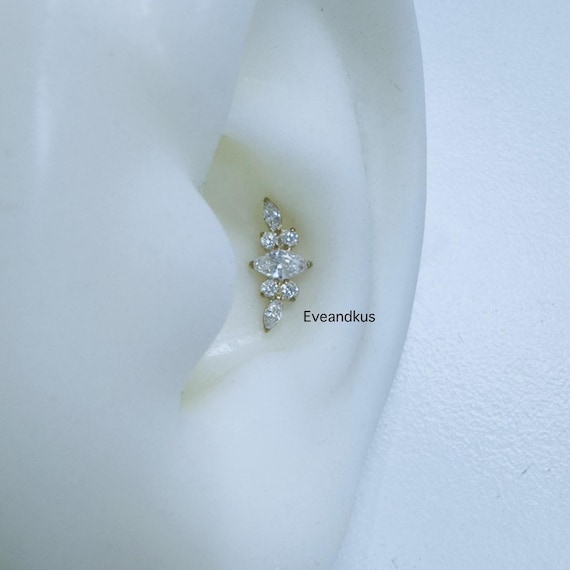 Marquise CZ Push-In Threadless Titanium Labret: 18g/16g/14g Flat, Cartilage, Conch Piercing