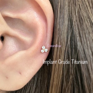 16g Tiny 4mm Trinity CZ Internally Threaded Labret for Cartilage, Tragus, Helix, Conch, Tragus - Titanium 6AL-4V-ELI-ASTM-F136