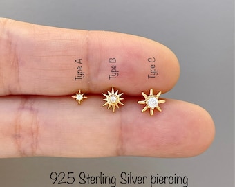 18g Dainty Starburst piercing (Single), Screw Ball end piercing, 925 Sterling Silver Piercing, Cartilage, Helix, Conch