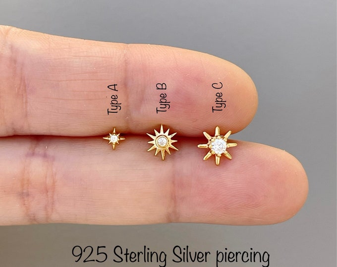 18g Dainty Starburst piercing (Single), Screw Ball end piercing, 925 Sterling Silver Piercing, Cartilage, Helix, Conch
