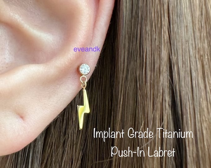 20g 18g 16g Lightning Bolt Dangle with CZ BezelThreadless Push In Titanium Labret, Implant Grade Titanium Hypoallergenic