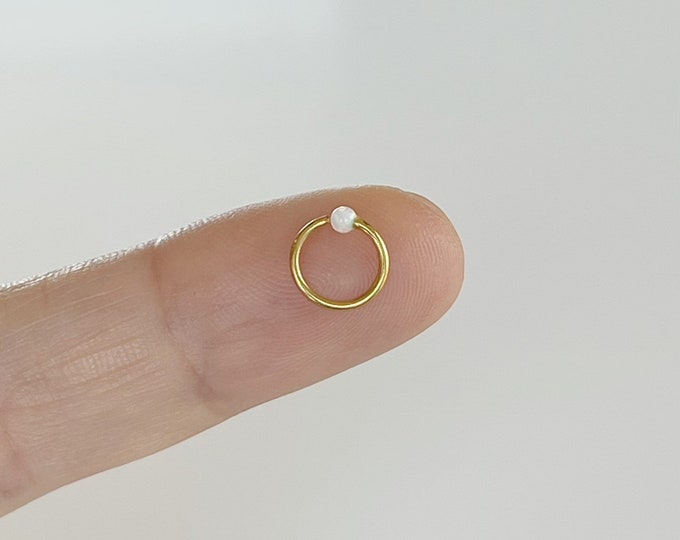 20g 18g White Opal Ball Thin Wire ball Hoop (Single), 316L Surgical Steel Annealed rounded ends cut rings, Cartilage, Nose, Tragus
