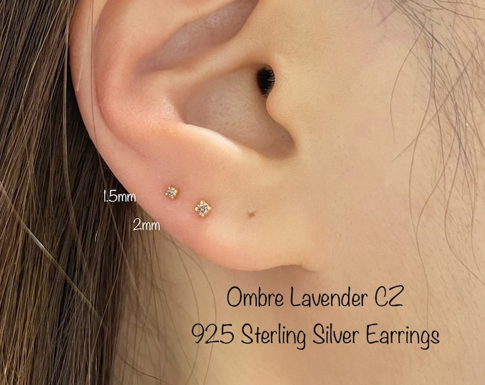 Teeny Tiny 1.5mm, 2mm Ombre Lavender CZ Studs 925 Sterling Silver earrings, Minimalist Earrings