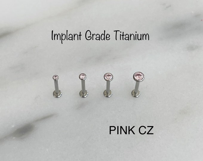 20g 18g 16g Teeny Tiny Pink CZ Push In Bezel Setting Titanium Labret, Super tiny pink cz 1.5mm/2mm/2.5mm/3mm Titanium 6AL-4V-ELI-ASTM-F136
