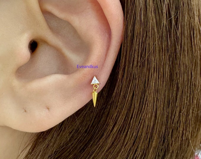 Triangle CZ with Spike Dangle Implant Grade Titanium Push-In Threadless Labret, Helix, Cartilage, Conch