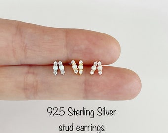 Opal CZ Bar Earrings: 925 Sterling Silver Studs