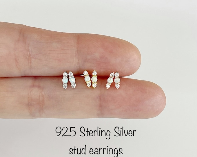 Opal and CZ Bar earrings (PAIR), 925 Sterling Silver Genuine White opal stud earrings Nickel Free