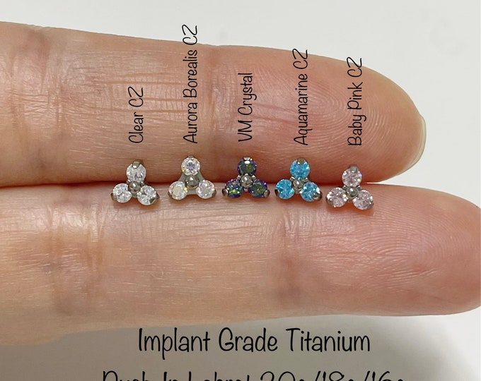 20g 18g 16g Trinity CZ Top push-in Labret, Grade23 Implant Grade Titanium