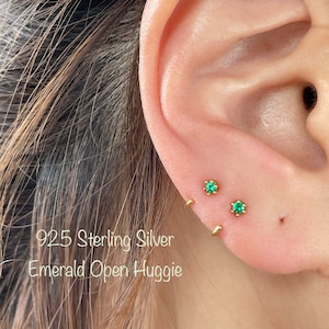 Emerald CZ Open Huggie Hoop Earring Single or Pair 92.5 Sterling Silver 2mm Green CZ Stud Earring, Hypoallergenic Minimalist studs image 1