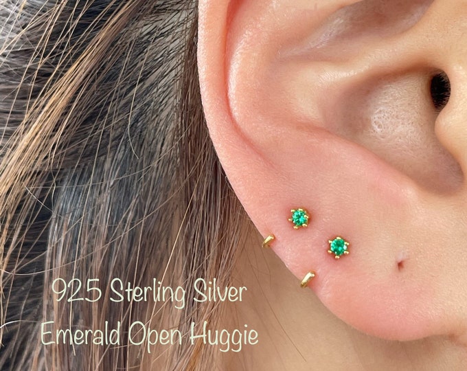 Emerald CZ Open Huggie Hoop Earring (Single or Pair) 92.5 Sterling Silver 2mm Green CZ Stud Earring, Hypoallergenic Minimalist studs