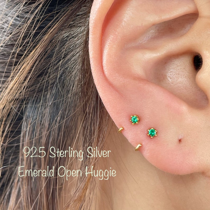 Emerald CZ Open Huggie Hoop Earring Single or Pair 92.5 Sterling Silver 2mm Green CZ Stud Earring, Hypoallergenic Minimalist studs image 1