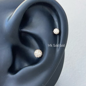 16g 14K Gold Labret/Flat Back Stud with CZ Paved Ball Top