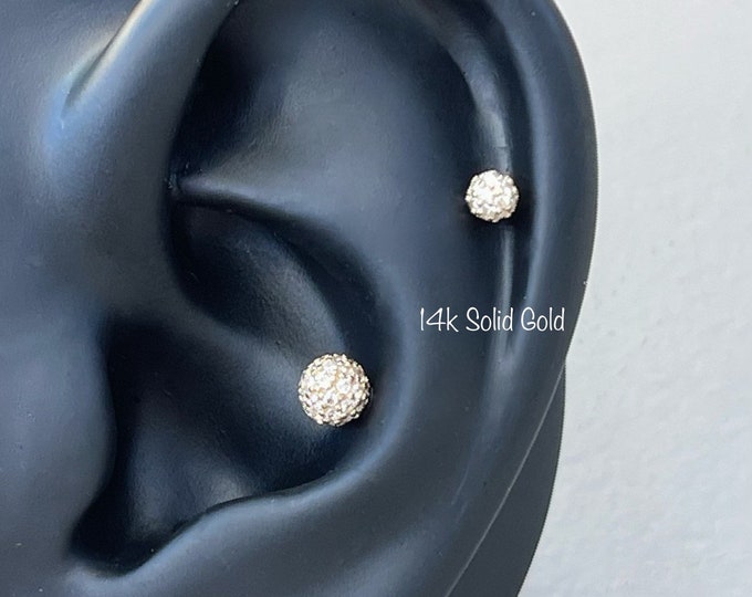 16g 14K Gold Labret/Flat Back Stud with CZ Paved Ball Top