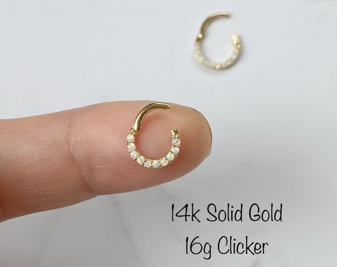 14k Solid Gold White Opal Daith Clicker Hoop(Single), 6mm/8mm/10mm 16g Daith, Septum Ring Clicker