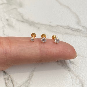 20g 18g 16g GOLD Labret Tiny CZ 2mm/3mm Push In Prong Setting Labret for Tragus Cartilage Helix Lip Nose Piercings