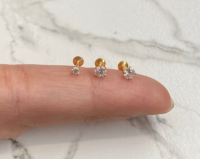 20g 18g 16g GOLD Labret Tiny CZ 2mm/3mm Push In Prong Setting Labret for Tragus Cartilage Helix Lip Nose Piercings