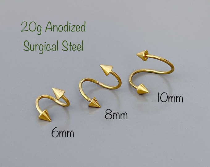 20g - 316L Surgical Steel Spiral with 3mm cones piercing (Single), Gold 6mm 8mm 10mm Cartilage, Eyebrow, Rook, Helix, Rook piercing