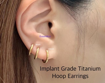 Titanium hoop earrings (Pair), 2mm Thick Hinged Plain Hoop Earrings, ASTM F-136 Titanium Earrings