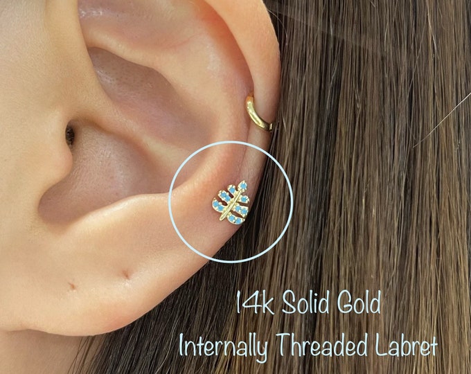 18g 14k Solid Gold Turquoise CZ Leaf Internally Threaded Labret Piercing (Single), 14k Solid Gold Piercing Tragus Mid Cartilage Helix Conch