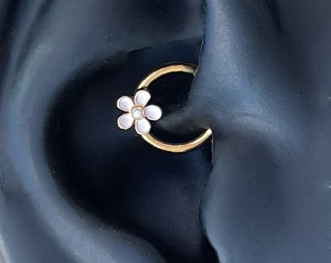 16g 8mm 316L Surgical Steel Hinged Segment Ring with Enamel Flower Pearl Center Daith, Septum hoop