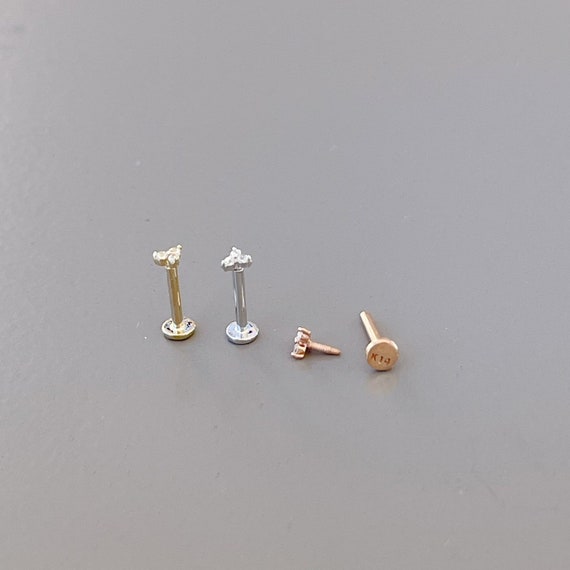 14k Solid Gold Trinity CZ Labret Piercing, 14k Solid Gold