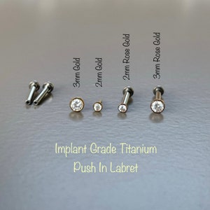 20g 18g 16g Tiny CZ 1.5mm/2mm/3mm/4mm/5mm Push In Gold/Rose Gold Bezel Setting Titanium Labret, ASTM F-136 Titanium Implant Grade