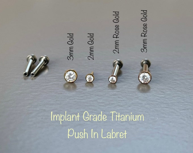 20g 18g 16g Tiny CZ 1.5mm/2mm/3mm/4mm/5mm Push In Gold/Rose Gold Bezel Setting Titanium Labret, ASTM F-136 Titanium Implant Grade