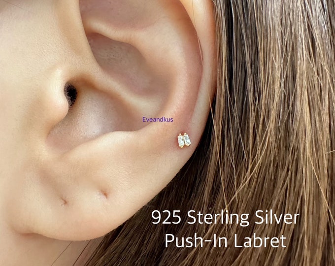 Teeny Tiny Twin Baguette CZ Push-In Threadless Labret, Micro Baguette CZ minimalist piercing for Cartilage, Helix, Tragus