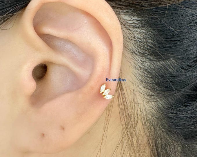 Dainy Marquise CZ Push-In 316L surgical steel Threadless Labret, Minimalist piercing for Cartilage, Helix, Tragus