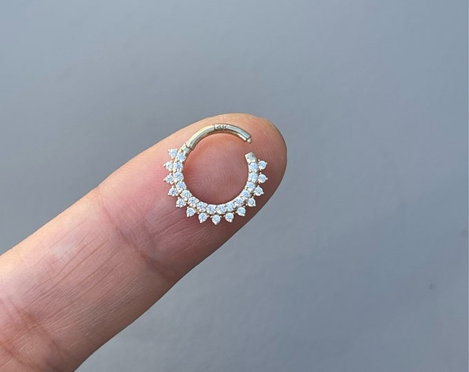 16g 14K Solid Gold 8mm Hinged Segment Hoop Rings with Forward Facing Double Lined CZ Set, Septum, Daith Piercing