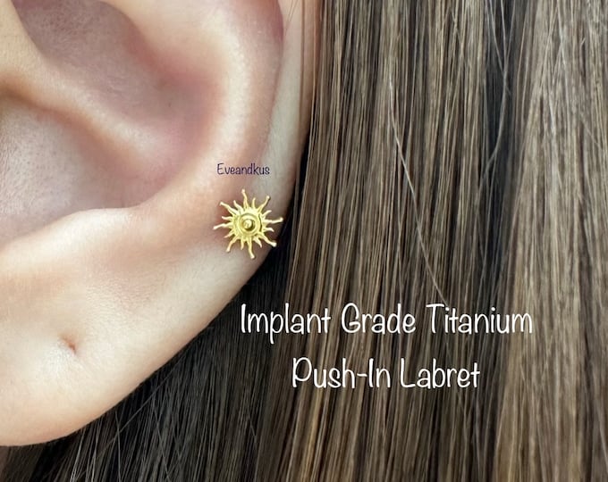 20g 18g 16g Sun Top Push-In Threadless Titanium Labret, Burning Sun Implant Grade Titanium Cartilage, Conch, Tragus, Helix