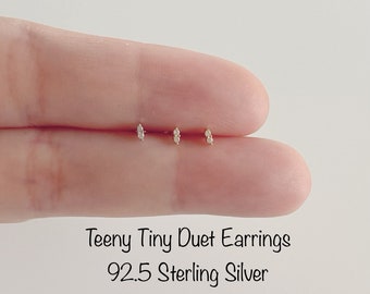 Teeny Tiny Duet CZ Stud Earrings (Pair), Minimalist 92.5 Sterling Silver Earrings, Hypoallergenic/Nickel Free