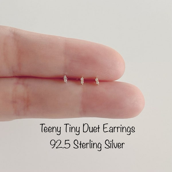 Teeny Tiny Duet CZ Stud Earrings (Pair), Minimalist 92.5 Sterling Silver Earrings, Hypoallergenic/Nickel Free