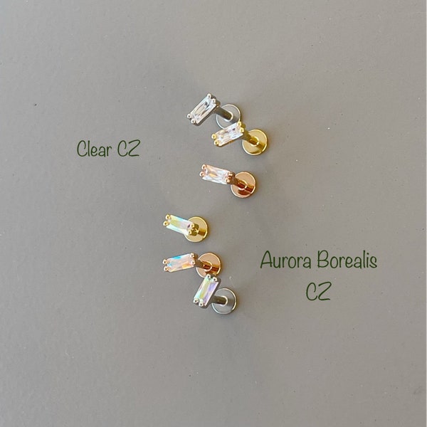 16g Baguette CZ piercing (Single), Clear/Aurora Borealis CZ Dainty Cartilage, Helix, Tragus, Conch piercing