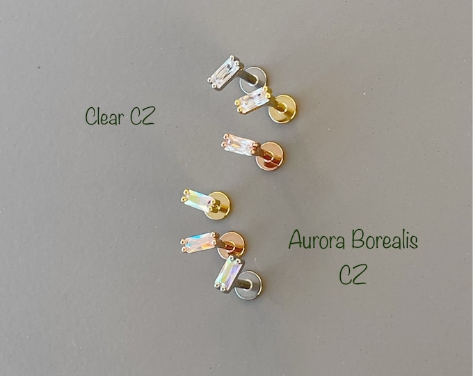 16g Baguette CZ piercing (Single), Clear/Aurora Borealis CZ Dainty Cartilage, Helix, Tragus, Conch piercing