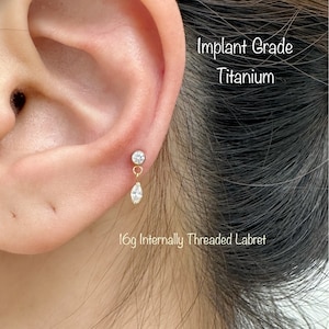 16g Bezel CZ with Marquise Dangle Implant Grade Titanium Internally Threaded Labret for Cartilage, Tragus, Helix